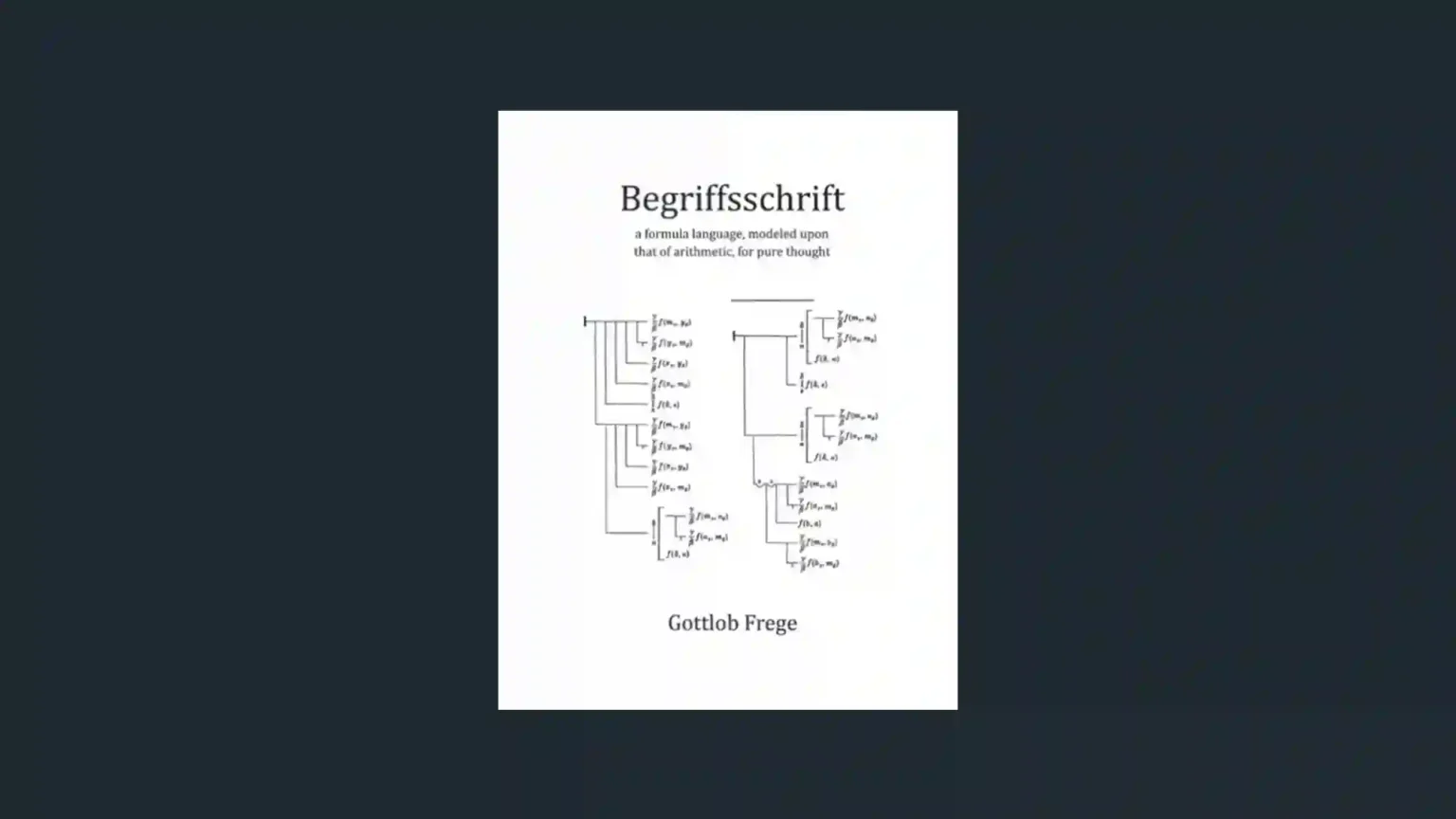 Cover of Gottlob Frege’s Begriffsschrift on a solid background, illustrating the final work in a six-book history of logic.
