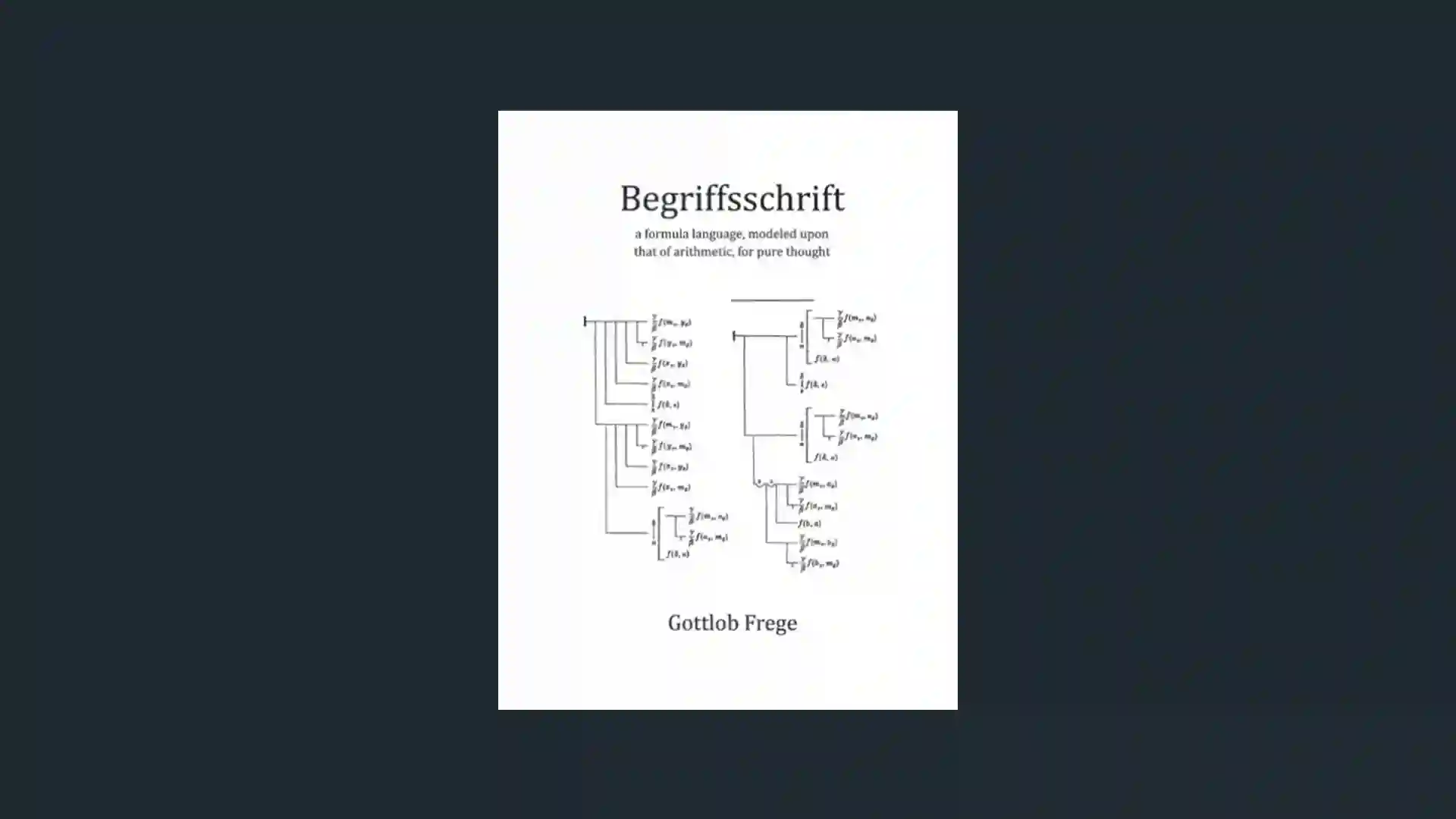 Cover of Gottlob Frege’s Begriffsschrift on a solid background, illustrating the final work in a six-book history of logic.