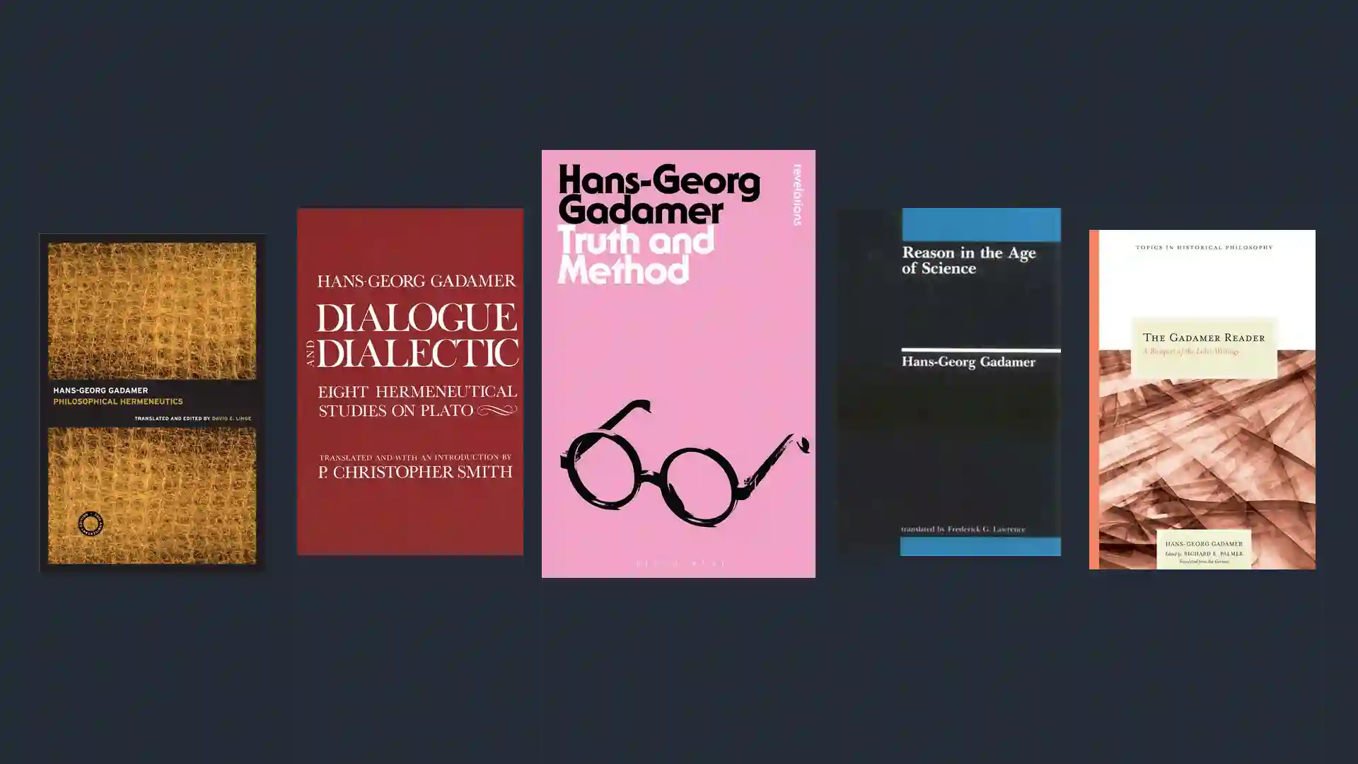 Book covers: Truth and Method, Philosophical Hermeneutics, Dialogue and Dialectic, Reason in the Age of Science, The Gadamer Reader.