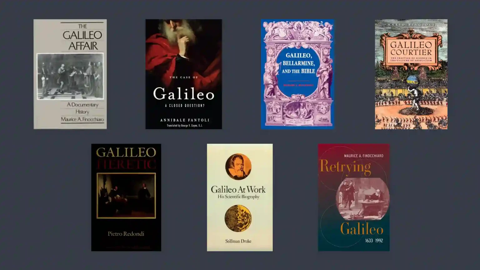 Book covers reproduced for bibliographic comparison in Seven Books on Galileo and the Church That Do Not Tell the Same Story.