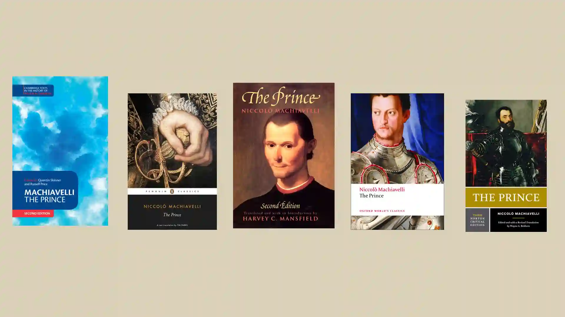 Book covers: The Prince (Cambridge edition), The Prince (Penguin Classics), The Prince (Chicago edition), The Prince (Oxford World’s Classics), The Prince (Norton Critical Edition).