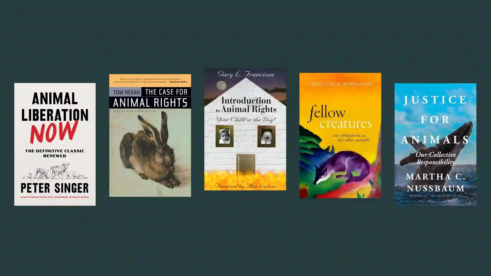 Book covers: Animal Liberation Now, The Case for Animal Rights, Introduction to Animal Rights, Fellow Creatures, Justice for Animals.