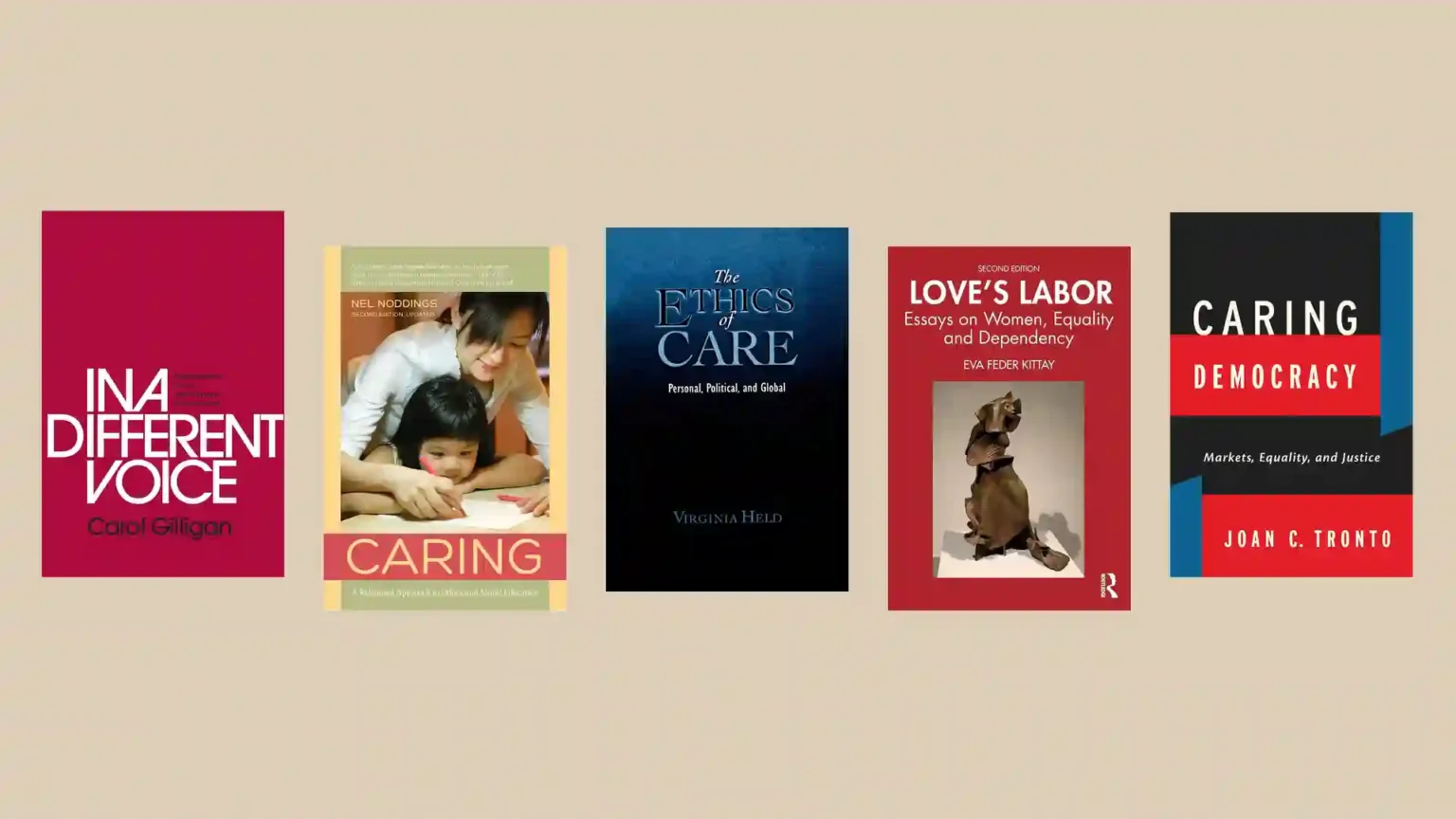 Book covers: In a Different Voice, Caring, The Ethics of Care, Love's Labor, Caring Democracy.