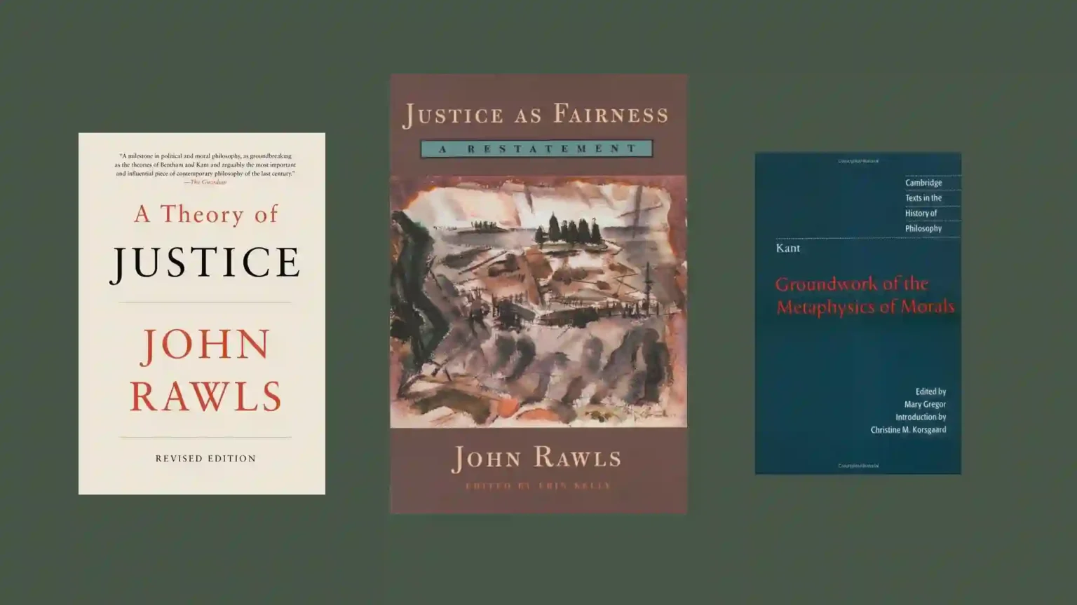 Book covers: A Theory of Justice, Justice as Fairness: A Restatement, Groundwork of the Metaphysics of Morals.