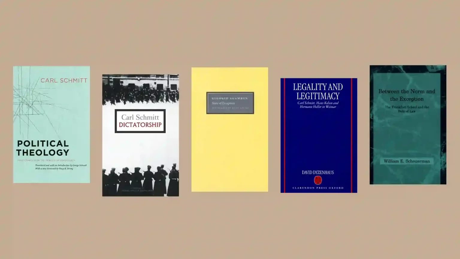 Book covers: Political Theology, Dictatorship, State of Exception, Legality and Legitimacy, Between the Norm and the Exception.