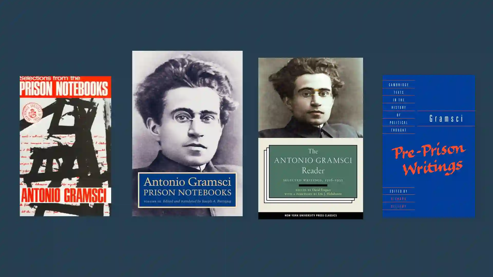 Book covers: Selections from the Prison Notebooks, Prison Notebooks, Volume 3, The Antonio Gramsci Reader, Pre-Prison Writings.