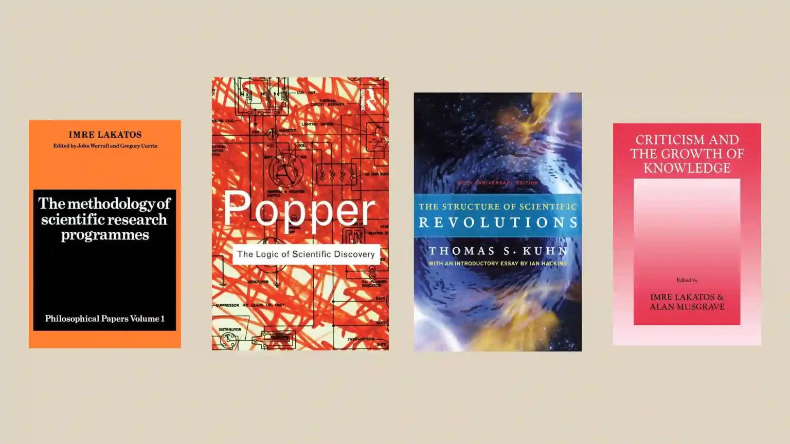 Book covers: The Methodology of Scientific Research Programmes, The Logic of Scientific Discovery, The Structure of Scientific Revolutions, Criticism and the Growth of Knowledge.