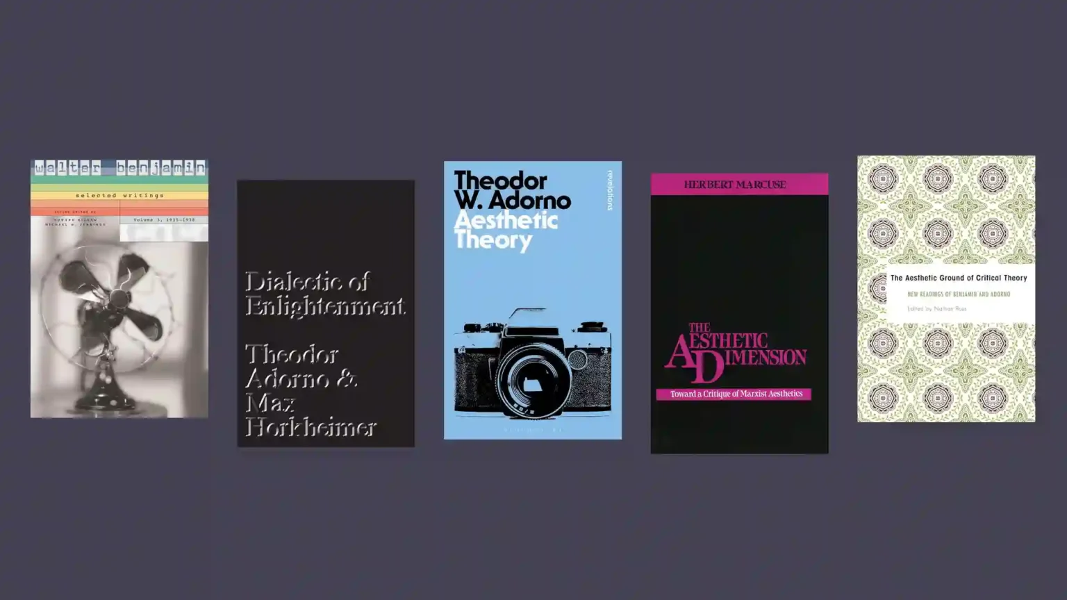 Book covers: Selected Writings, Volume 3: 1935-1938, Dialectic of Enlightenment, Aesthetic Theory, The Aesthetic Dimension, The Aesthetic Ground of Critical Theory.